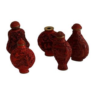 VINTAGE CHINESE RED CINNABAR CARVED SNUFF BOTTLE SET OF 5